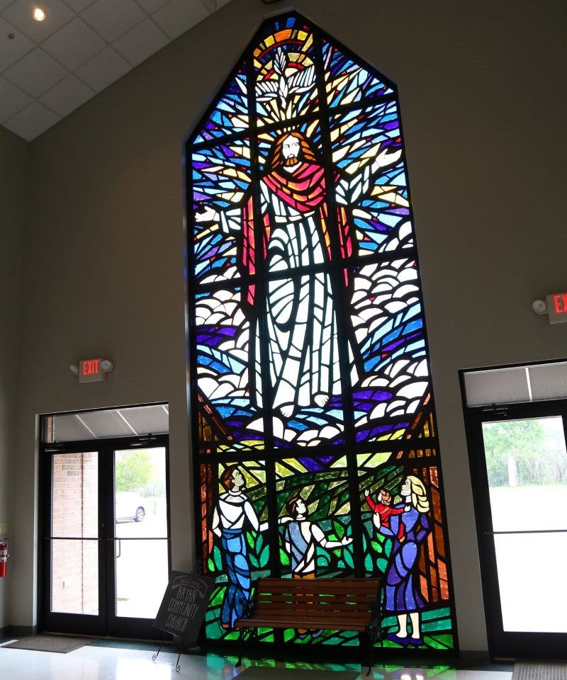 stained glass window in church entry