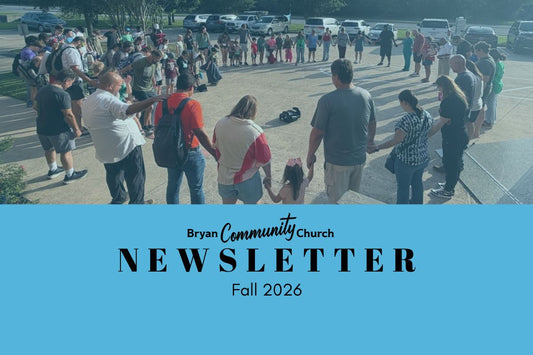 BCC fall newsletter cover with group praying before camp.