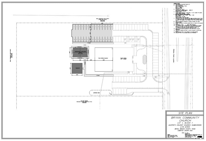 Architectural site plan of BCC property with modular buildings, playground, and additional parking.